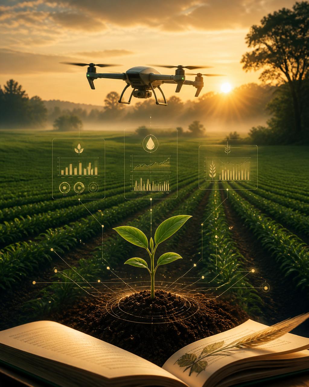 Modern agricultural technology — drones, AI insights and a growing sapling